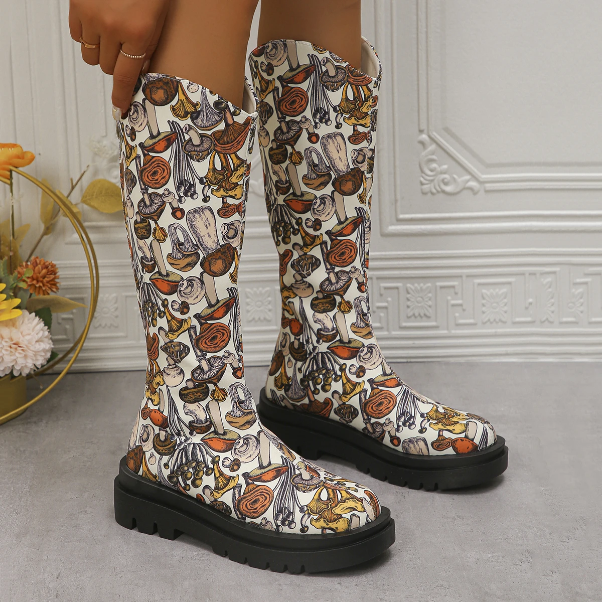 

Female Shoes Hot Sale 2024 Cartoon Print Women Knee-High Boots New Round Toe Platform High Botas Altas Plataforma Mujer