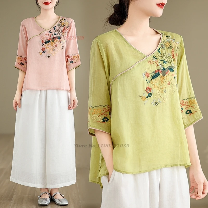 

2024 traditional chinese vintage blouse national flower embroidery cotton linen v-neck folk blouse hanfu tops ethnic streetwear