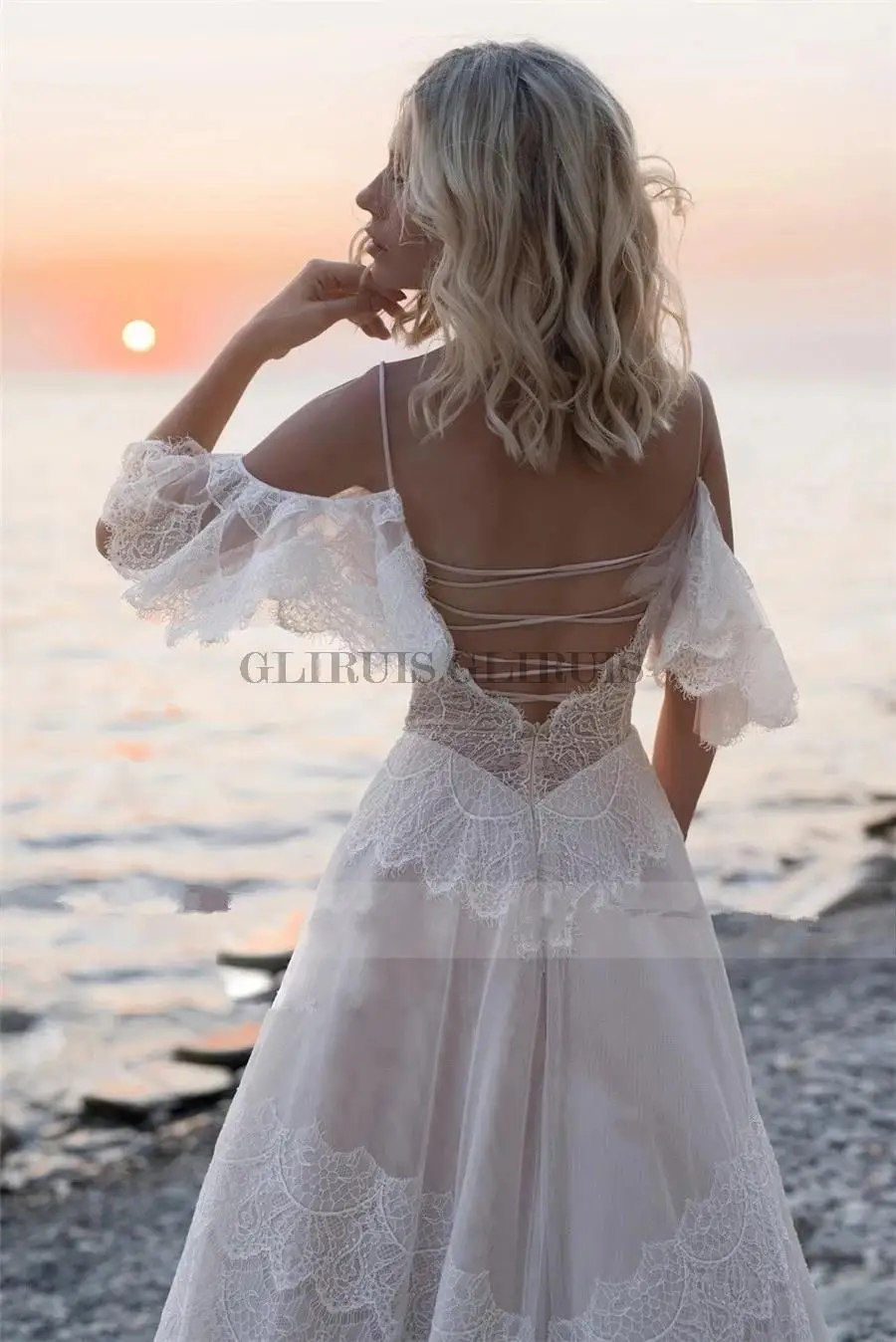 

Bohemian Wedding Dresses Tempting Nude Champagne V Neck Chic Sleeves Straps Ruffles Lace A Line Backless Bridal Gowns