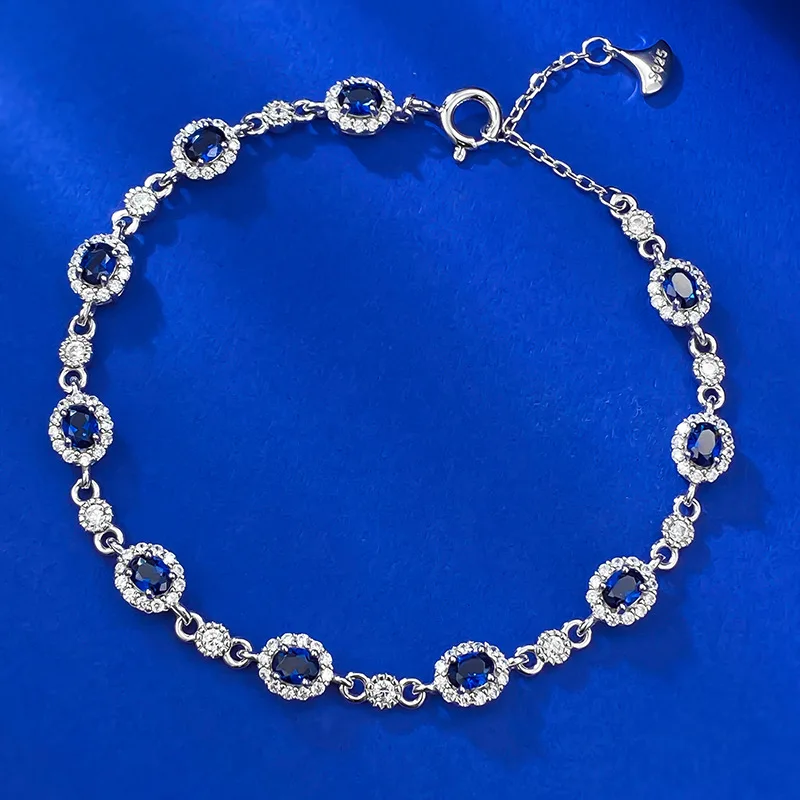 

New S925 Silver Simulated Sapphire 3 * 4 Elliptical Diamond Bracelet Women's Chinese Style Adjustable