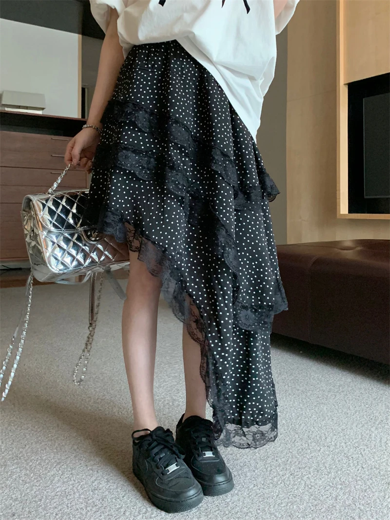 

Benuynffy Polka Dot Layered Women Long Skirts 2024 Summer High Waist Contrast Lace Asymmetrical Skirt Y2K Vintage Streetwear