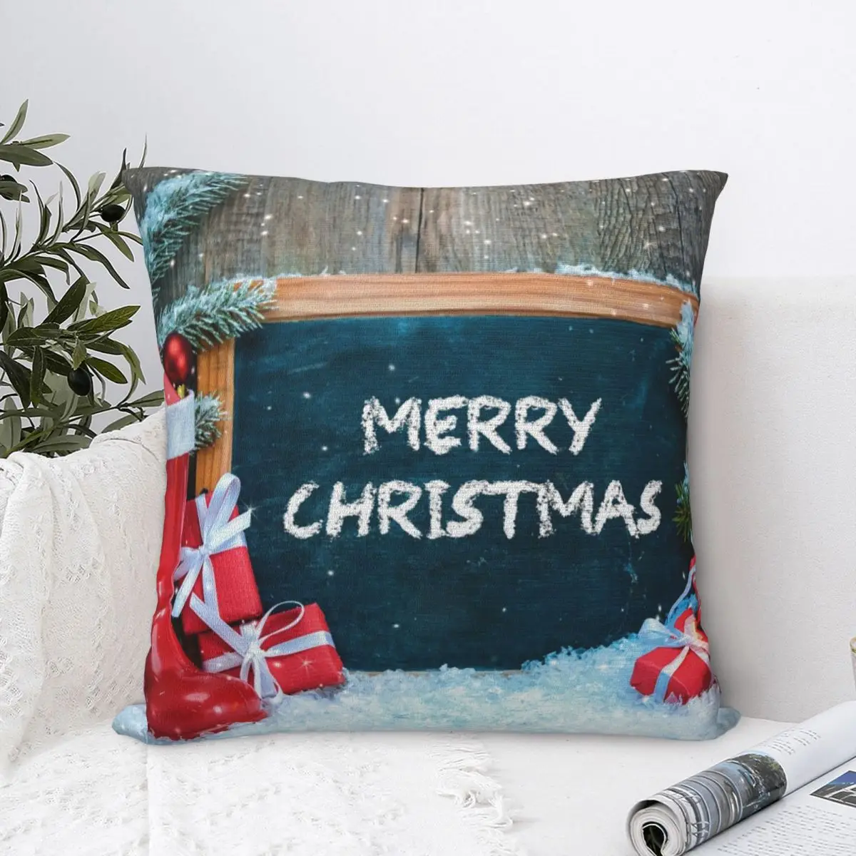 

Boots Throw Pillow Case Merry Christmas and Happy New Year Santa Claus Elk Snowflake Cushion Sofa Chair Print Hug Pillowcase