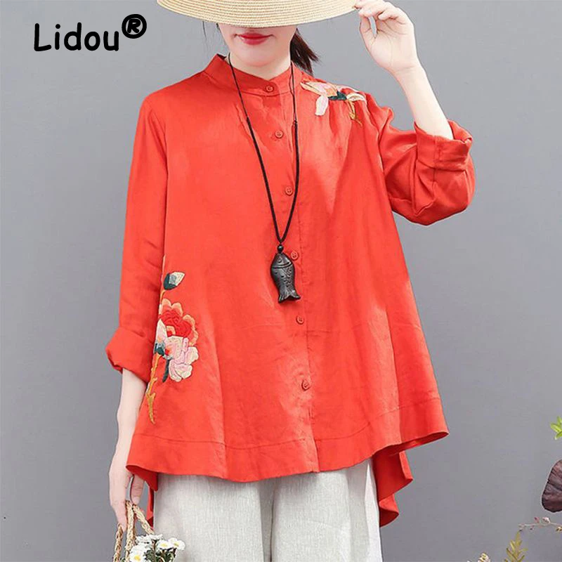 

Women Flower Embroidery Asymmetrical Vintage Ethnic Style Cotton Shirts Spring Autumn Stand Collar Long Sleeve Oversized Blouses