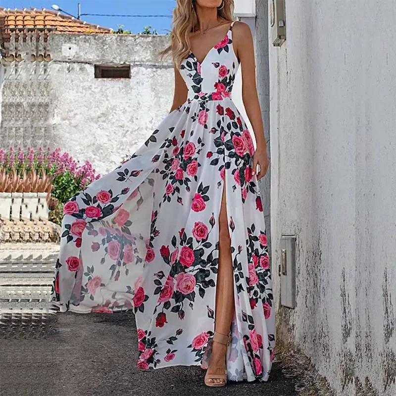 Summer Dresses Women Casual Fashion Floral Strap Dress Splicing V-neck Elegant Design Sense Long Loose Dress
Summer Dresses Women Casual Fashion Floral Strap Dress Splicing V-neck Elegant Design Sense Long Loose Dress