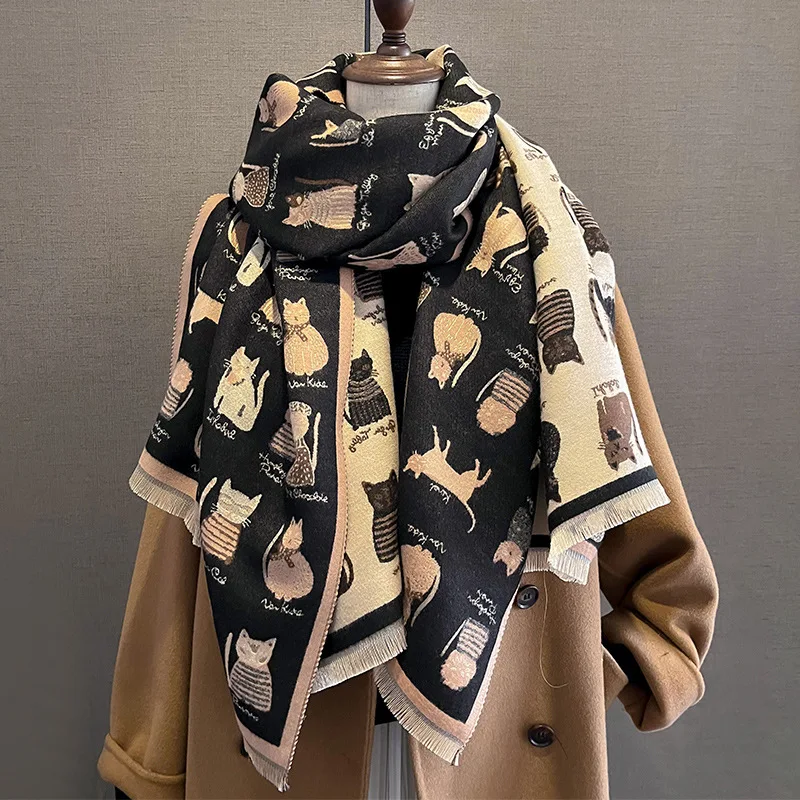 

New Cute Cats Print Cashmere Scarf Women Winter Soft Thick Wraps Shawls Pashmina Warm Blanket Poncho Stoles Bufanda Tassels Gift