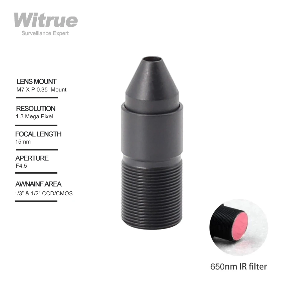 

Witrue Pinhole camera Lens 15mm M7 X P0.35 Mount 1.3 Megapixel 1/3" F4.5 with 650nm IR Filter for Mini CCTV Security Cameras