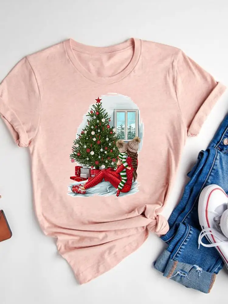

Модная футболка с акварелью для мамы и матери, Рождественская футболка с коротким рукавом, одежда, топ с принтом, женские новогодние модные Базовые Футболки с графическим рисунком