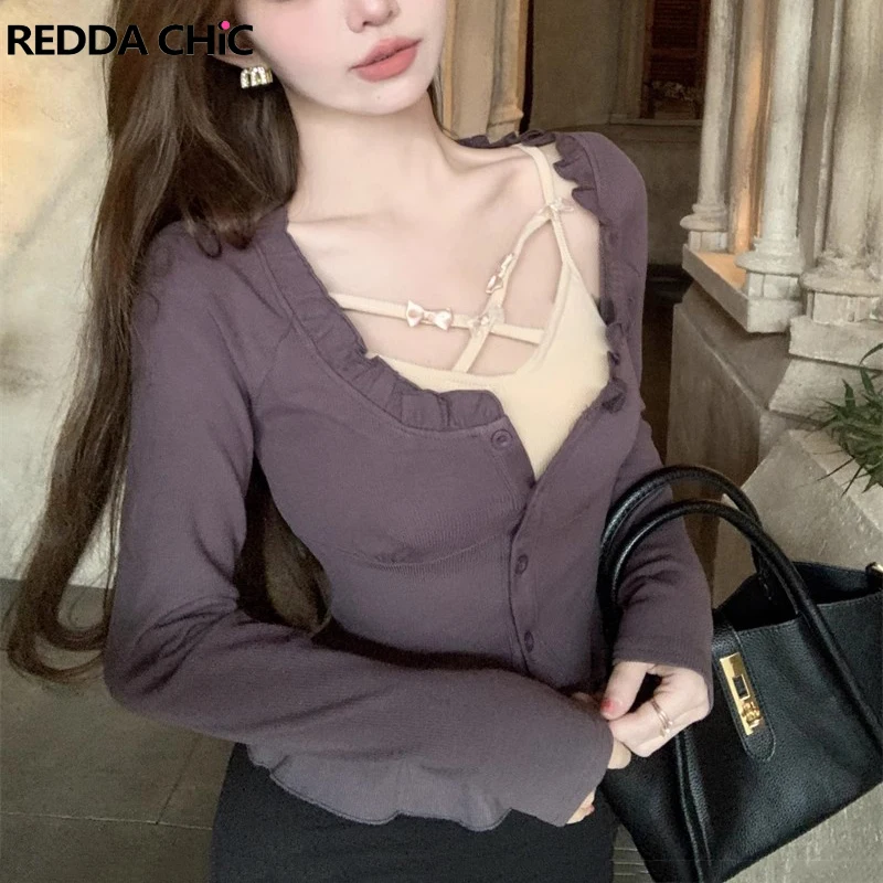 

ReddaChic Frill Trim Women 2-piece Top Set Casual Bowknot Camisole Long Sleeves Single-breasted Knitted Cardigan Korean Clothes
