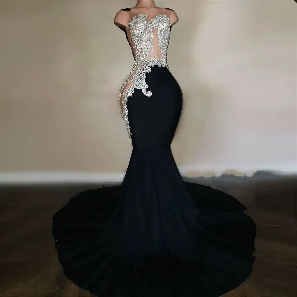 

Sexy Black Mermaid Prom Dresses Arabic Aso Ebi Beads Lace Applique Formal Gowns Court Train Women Second Reception Evening Dress