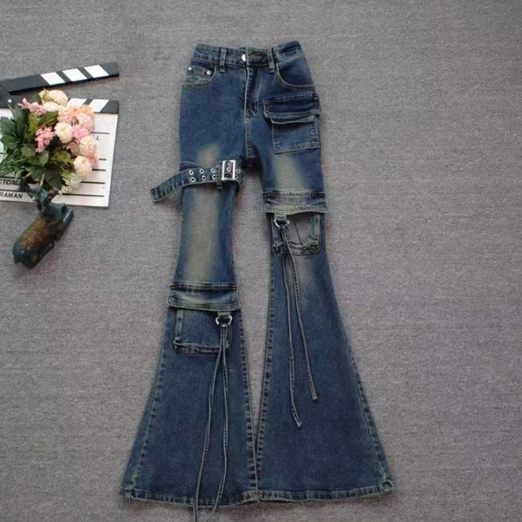 Women Vintage Heavy Industry Design High Waist Flare Jeans Y2K Slim Autumn New Multi Pockets Streetwear Cargo Denim Women Vintage Heavy Industry Design High Waist Flare Jeans Y2K Slim Autumn New Multi Pockets Streetwear Cargo Denim