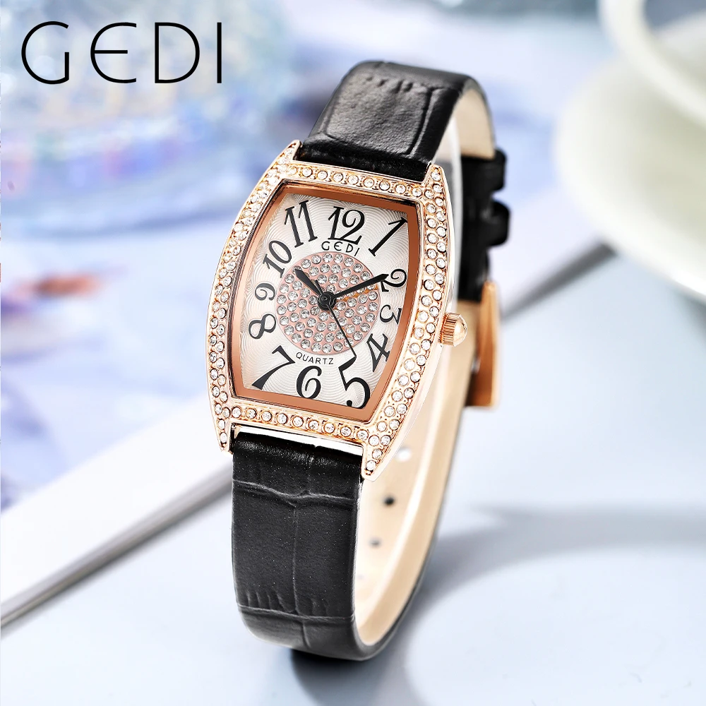 

GEDI Fashion Rectangle Ladies Watches Top Brand Luxury Leather Strap Rhinestones Waterproof Quartz Wrist Watch for Women Clock