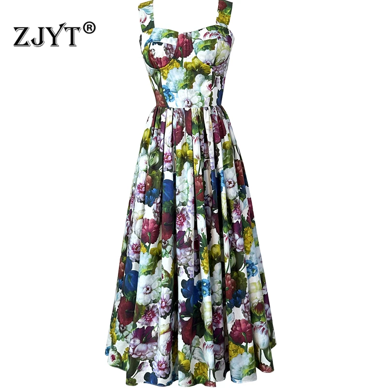 

ZJYT Runway Designer Floral Print Midi Dresses for Women Summer Spaghetti Strap Holiday Beach Dress Fashion Vintage Vestidos New