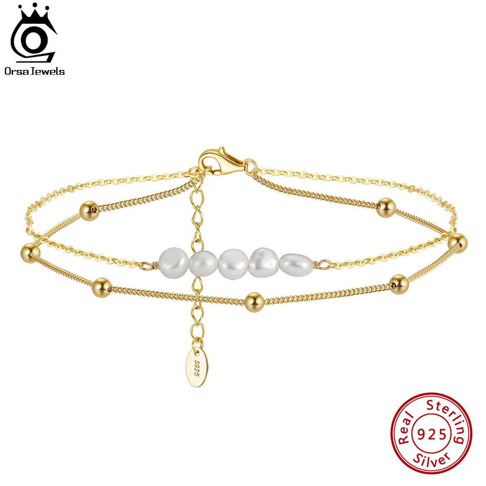 

ORSA JEWELS 14K Gold Fashion Natural Pearl & Cable Chain Anklet for Women Girls Summer Beach Foot Bracelet Anklets Jewelry SA50