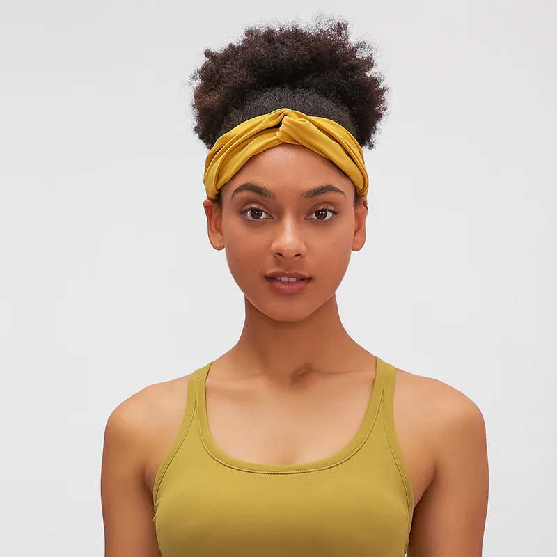 

Printed logo pleated, high elasticity, skin friendly, cross tied headband for women's yoga, fitness, sweat wicking headband