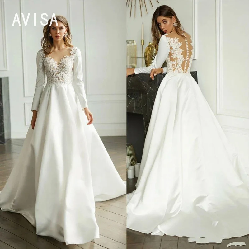 

Simple V-Neck Satin Wedding Dresses For Women 2023 Applique Lace Bridal Gowns A-line Sweep Train Robe Mariage Vestido de Novia