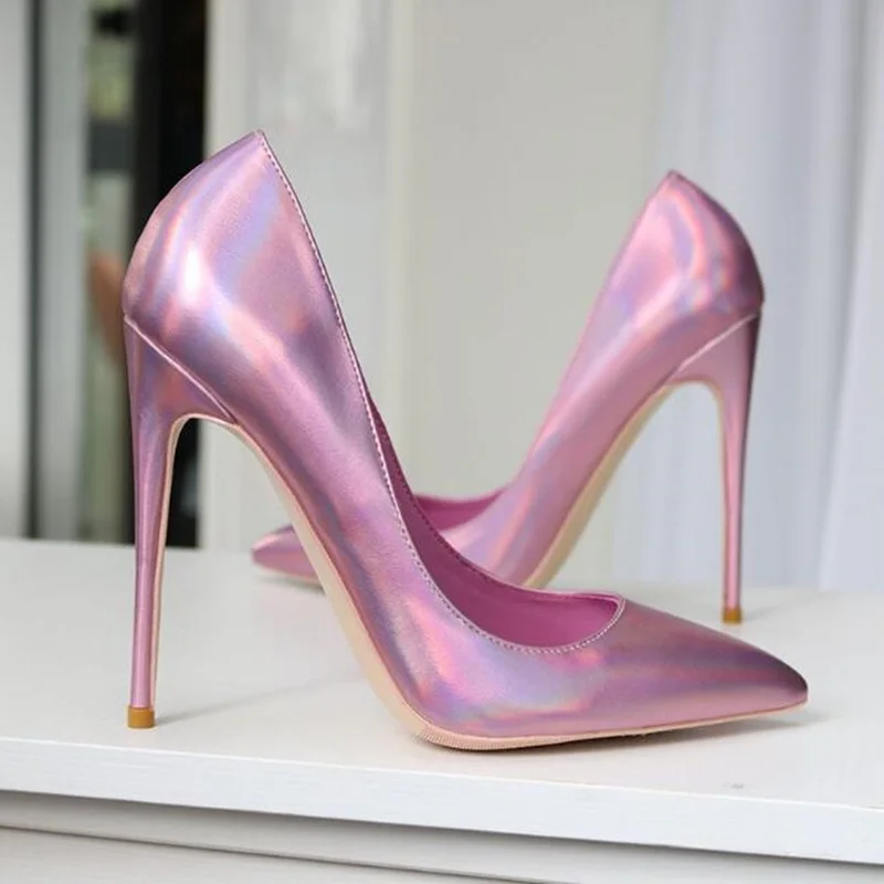 

Pink Hologram Iridescent Metallic Leather 12cm Stiletto Heels Shallow Women Pointed Toe Slip-on Dress Shoes Size 45