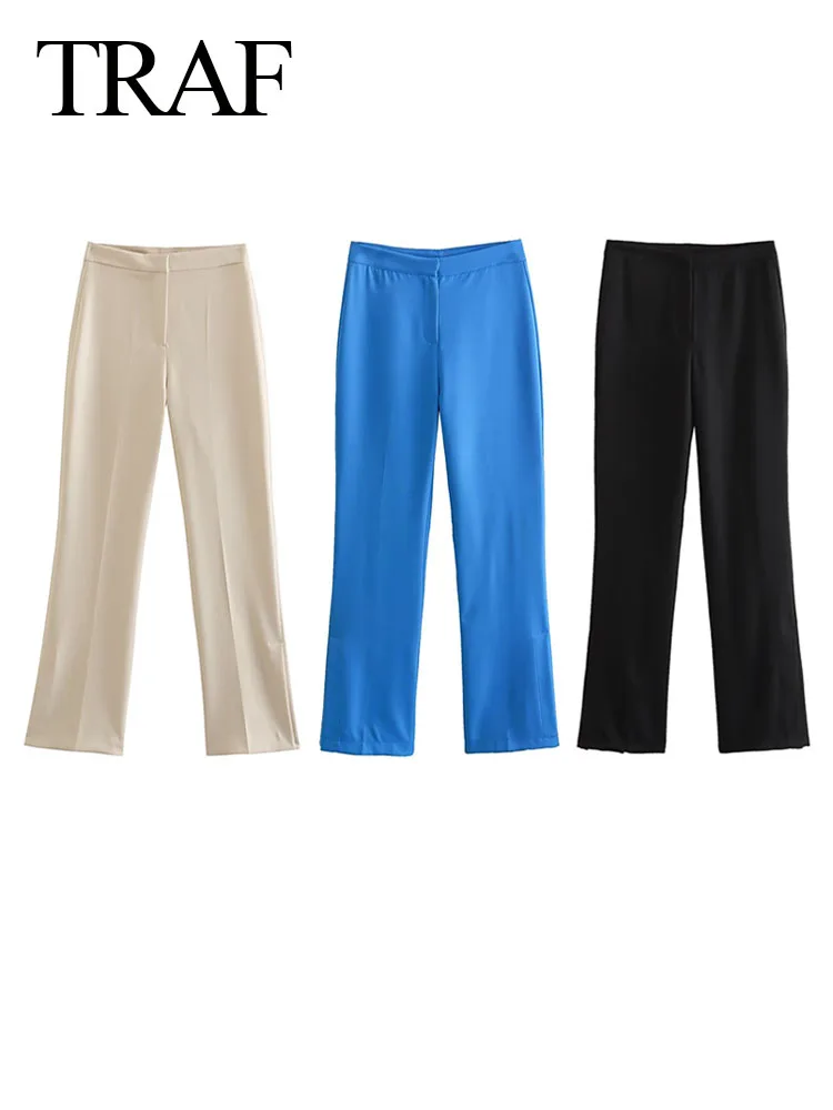 

TRAF 2024 Woman Back Pocket Slim Decorate Pants Elegant Women Tricolor Trousers Chic High Waist Zipper Straight Leg Slit Pants