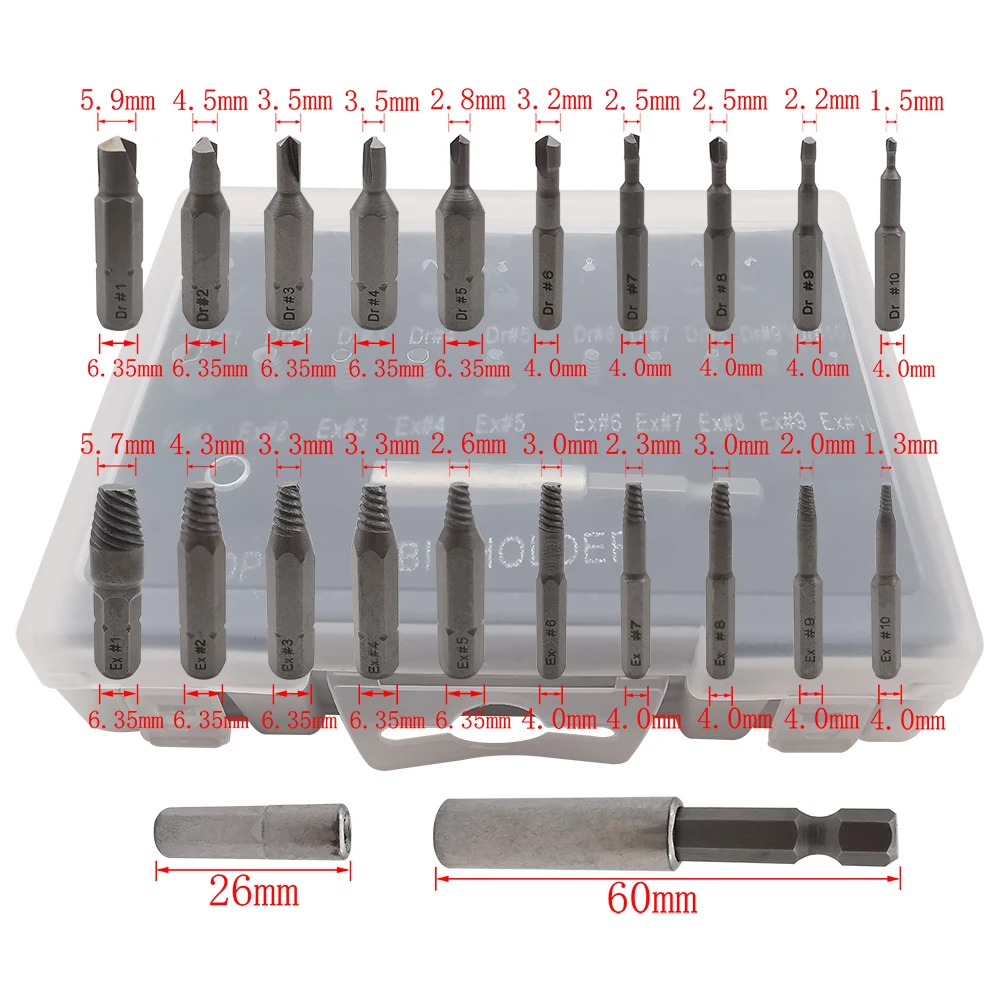 22Pcs/Box Damaged Screw Extractor Drill Bits Sets Disassemble Screw Bolt Broken Remover Tools with Magnetic Extension Bit Holder
22Pcs/Box Damaged Screw Extractor Drill Bits Sets Disassemble Screw Bolt Broken Remover Tools with Magnetic Extension Bit Holder