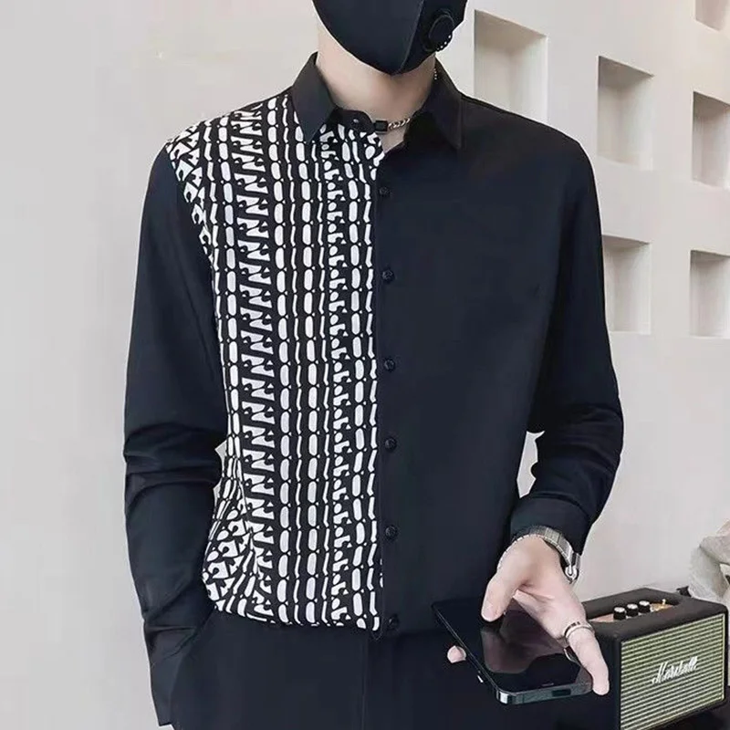 

Fashion Lapel Button Spliced Printed Asymmetrical Shirts Men's Clothing 2023 Autumn New Loose Casual Tops All-match Shirt