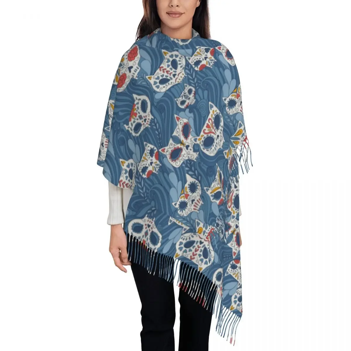 Personalized Printed Mexican Cartoon Calaveras Cat Skull With Floral Ornament Long Pile Fringe Men Scarf Women'S Anti ChillScarf 
Personalized Printed Mexican Cartoon Calaveras Cat Skull With Floral Ornament Long Pile Fringe Men Scarf Women'S Anti ChillScarf