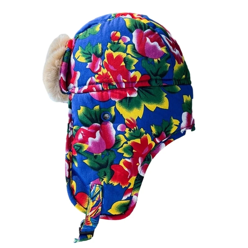 

Rural Big Flower Print Ear Flap Hat for Women Men Cold Weather Thick Plush Bomber Hat Windproof Skiing Hiking Hat