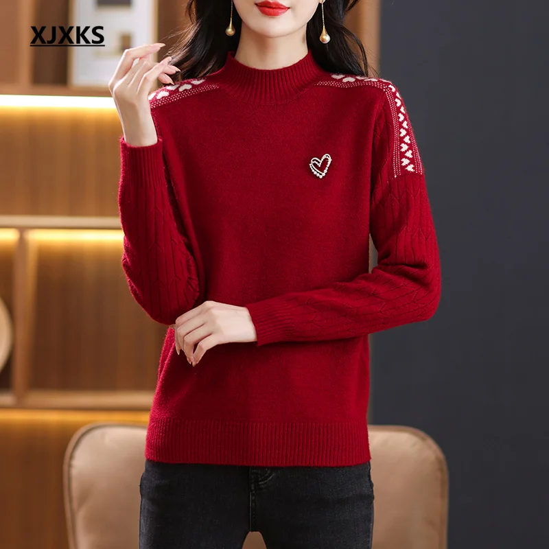 

XJXKS High-end Wool Knit Pullover Women's Turtleneck Sweater 2024 Winter New Thickened Warm And Comfortable Knitwears