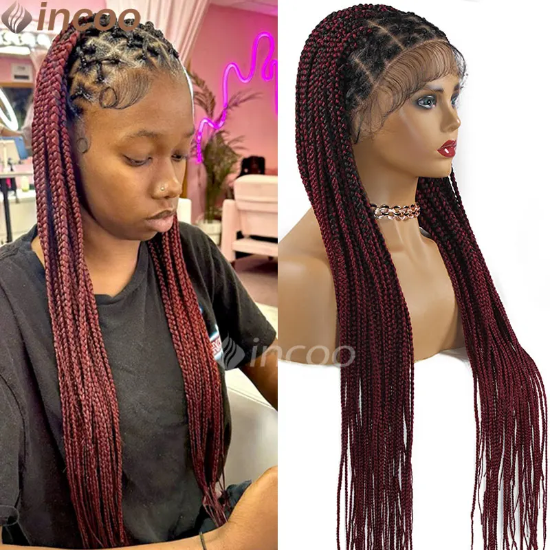 

Synthetic Braided Full Lace Front Wig 36Inch Long Full Lace Box Braid Wig With Baby Hairs Ombre Criss Cross Knotless Braids Wigs