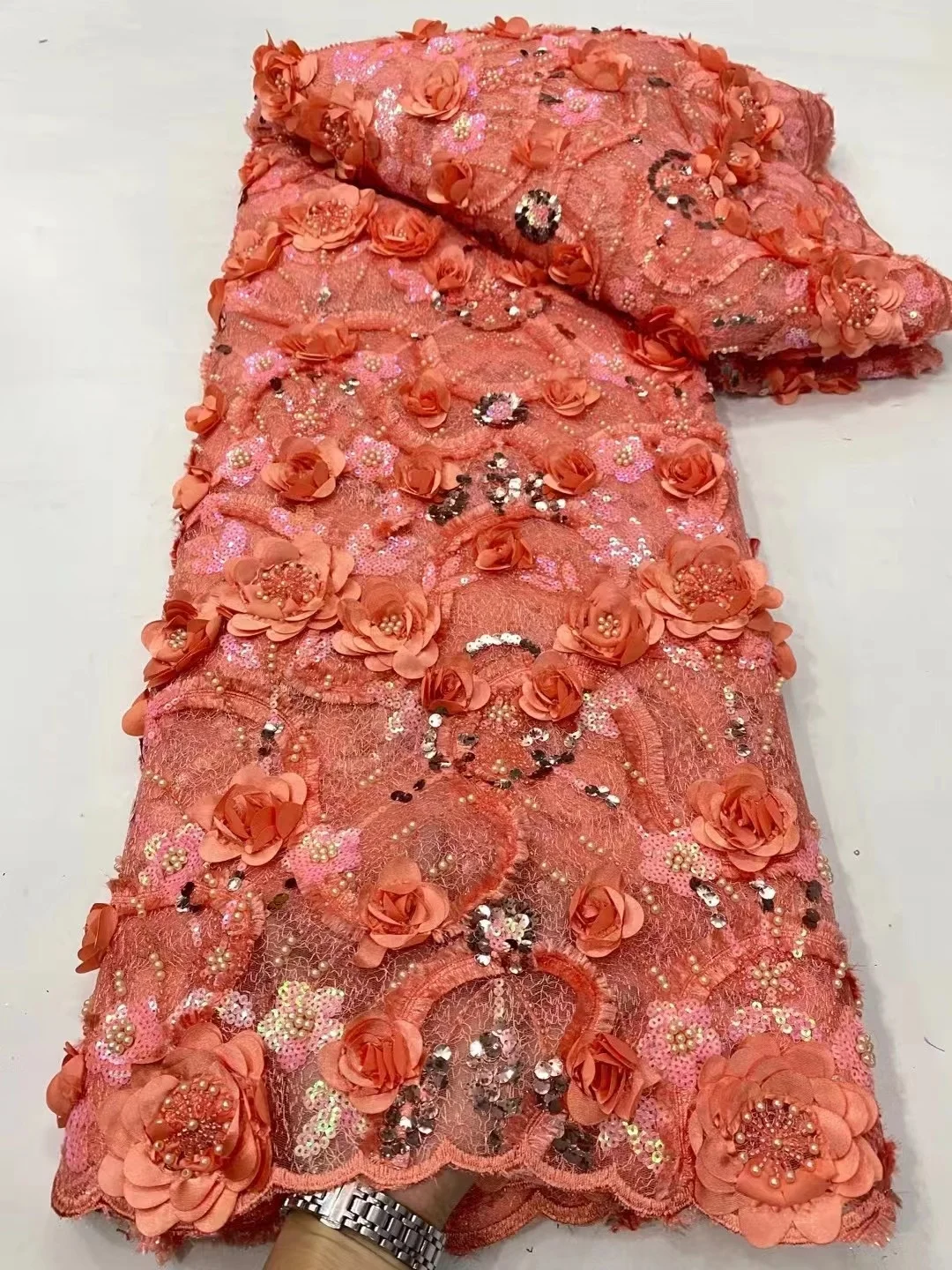 

2023 персиковая нигерийская кружевная ткань с 3D блестками, Высококачественная французская кружевная ткань с бисером, африканская Тюлевая кружевная ткань для свадебного пришивания