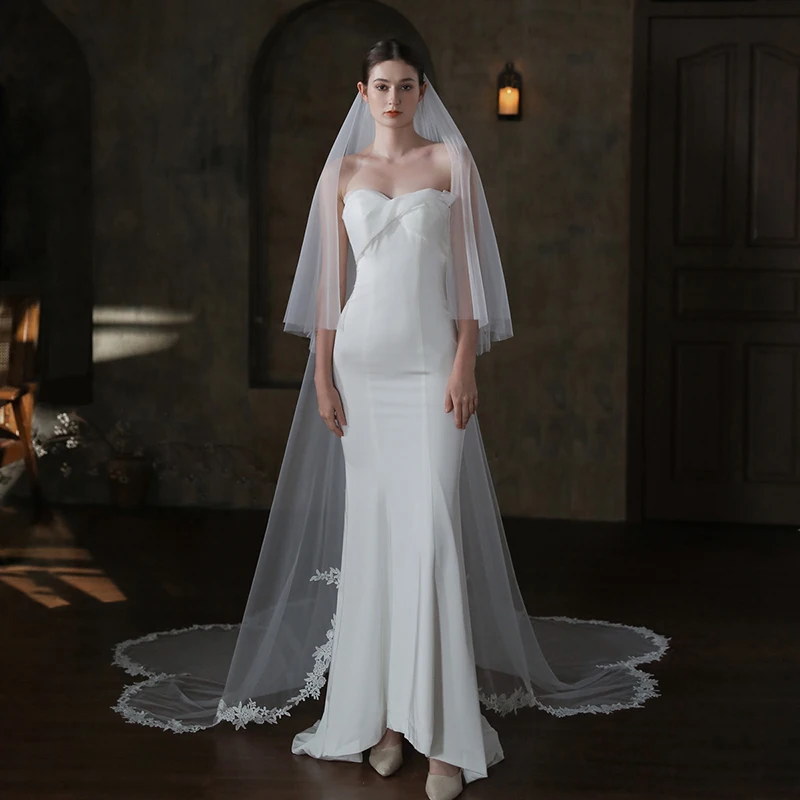 

Video New 2.7Meter Two Layers Wedding Veil 2024 With Comb Lace Edge Bridal Veils Ivory Appliqued Velo De Novia Tocado Novia Boda