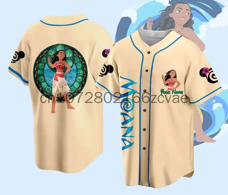 

New Disney Moana Princess Baseball Jersey Outdoor Sports Style Casual Jersey Men's and Women's Custom Name T-shirt