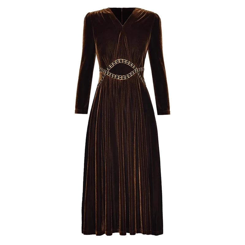 Autumn Velvet Dress V-Neck Long Sleeve Chain Solid Color Elegant Party Midi Dresses For Women 2023 Luxury Brand High Quality
Autumn Velvet Dress V-Neck Long Sleeve Chain Solid Color Elegant Party Midi Dresses For Women 2023 Luxury Brand High Quality