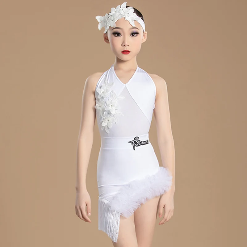 

2024 White Latin Dance Dress Girls Performance Clothes Flower Fringe Dress Cha Cha Rumba Dance Wear Competition Clothing BL12696