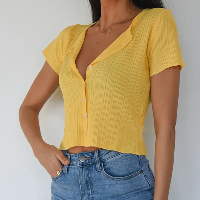 

Ribbed Short Sleeve Button Up Top Shirts For Women 2023 O-Neck Slim Cotton Summer Tops Fashion Casual Cropped Knitted Tshirt XXL
