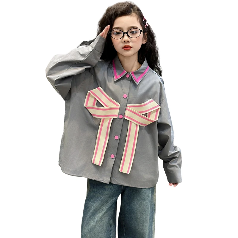 

New Style Girls Bowknot Blouses Fashion Children Cotton Spring Autumn Shirts Teenage Girls School Long Sleeve Clothes 5-14Years