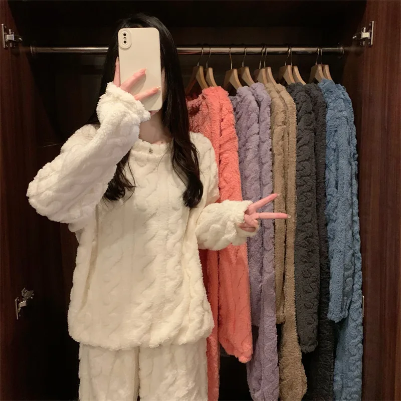 Thickened Warm Sleepwear for Winter Women Flannel Suit Student Pajamas Homewear Tops and Pants Striped Nightwear Loungewear Thickened Warm Sleepwear for Winter Women Flannel Suit Student Pajamas Homewear Tops and Pants Striped Nightwear Loungewear