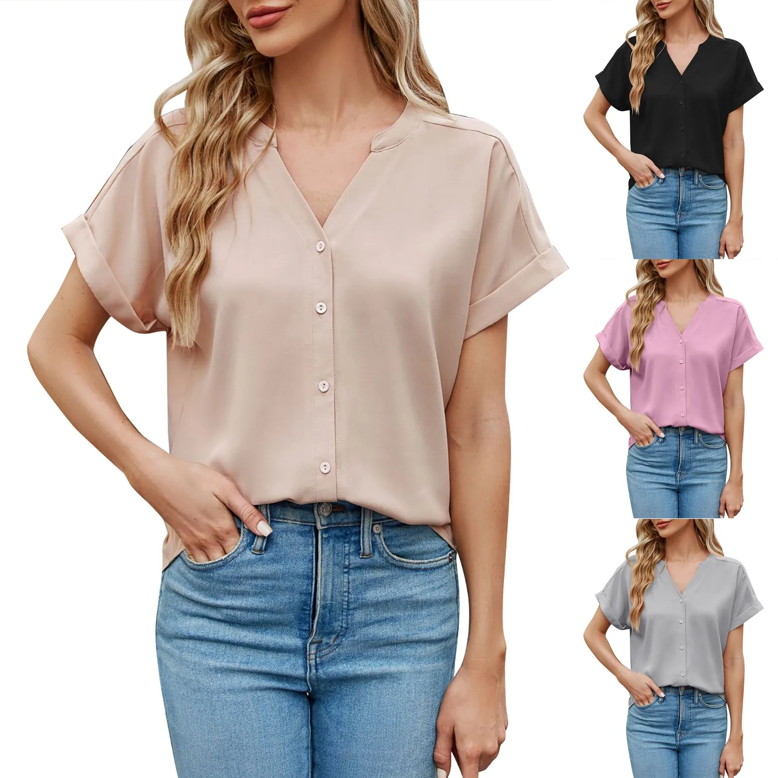 

Ladies Shirt Summer Loose Elegant Casual Fashion Button Short Sleeve Street V-Neck Топы больших размеров MáS TamañO Tops