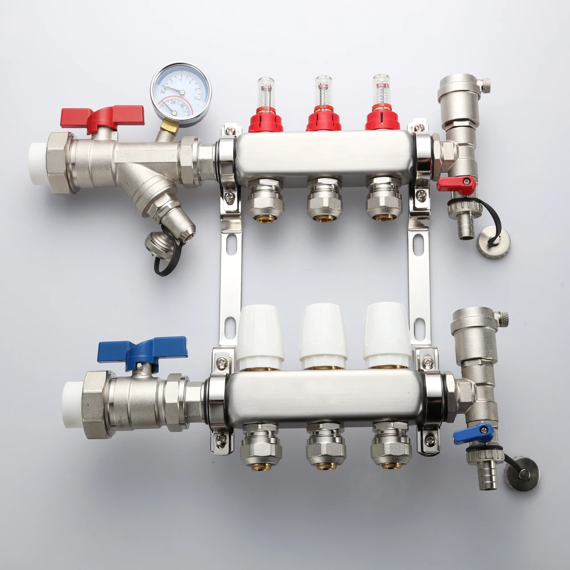 DN25 S304Stainless Steel Distribution Manifold Group With PPR Ball Valves,Flowmeters, Heating(1/2" connectors included)
DN25 S304Stainless Steel Distribution Manifold Group With PPR Ball Valves,Flowmeters, Heating(1/2" connectors included)