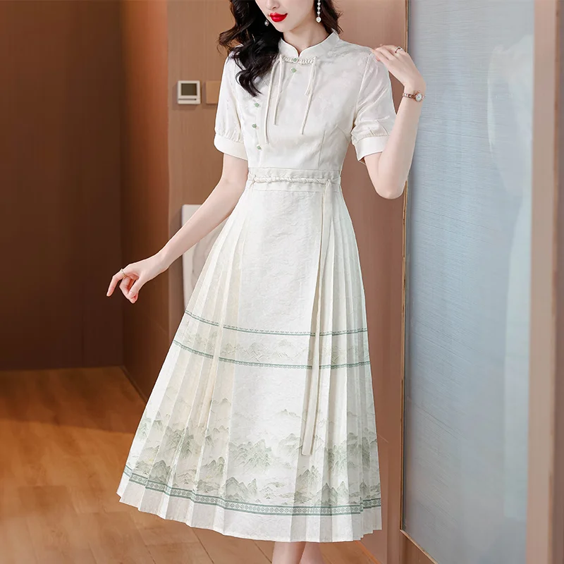 

Coigarsam Women Long Dress Summer 2024 New Cheongsam Short Sleeve Print Puff Sleeve Bow High Waist Apricot Color Dresses