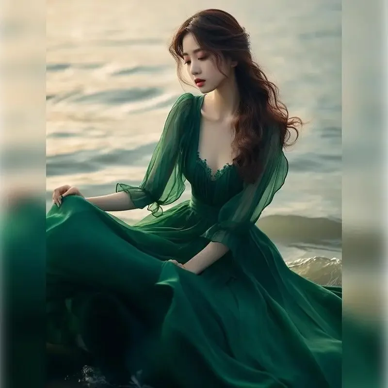 

2024 summer new gentle wind temperament absolutely beautiful beach dress beach holiday super nice green fairy dresses