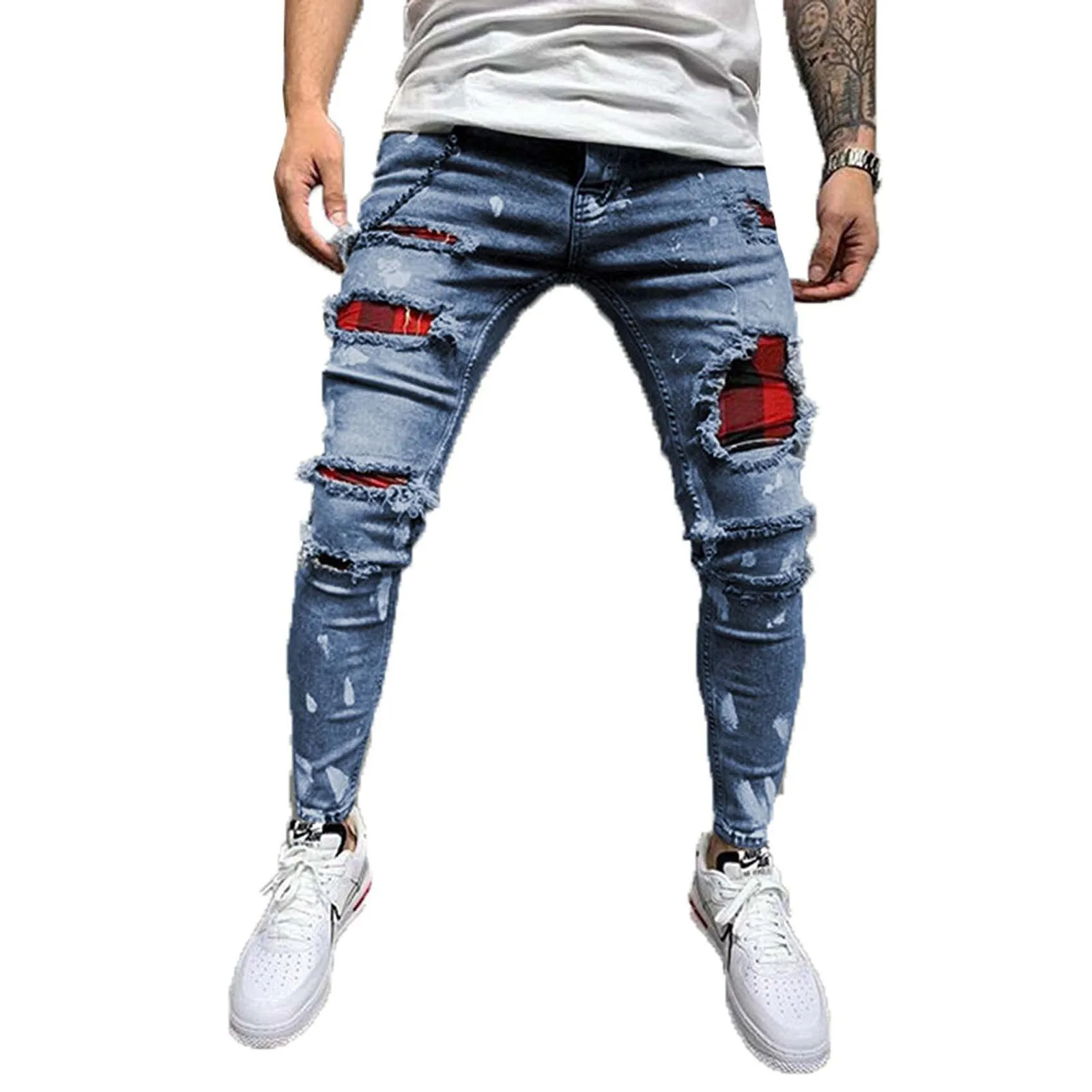 

Mens Casual Stretch Jeans Ripped Holes Slim Stretch Small Feet Motorcycle Fit Simple Denim Pants Fashion Male Cargo Pant Jeans
