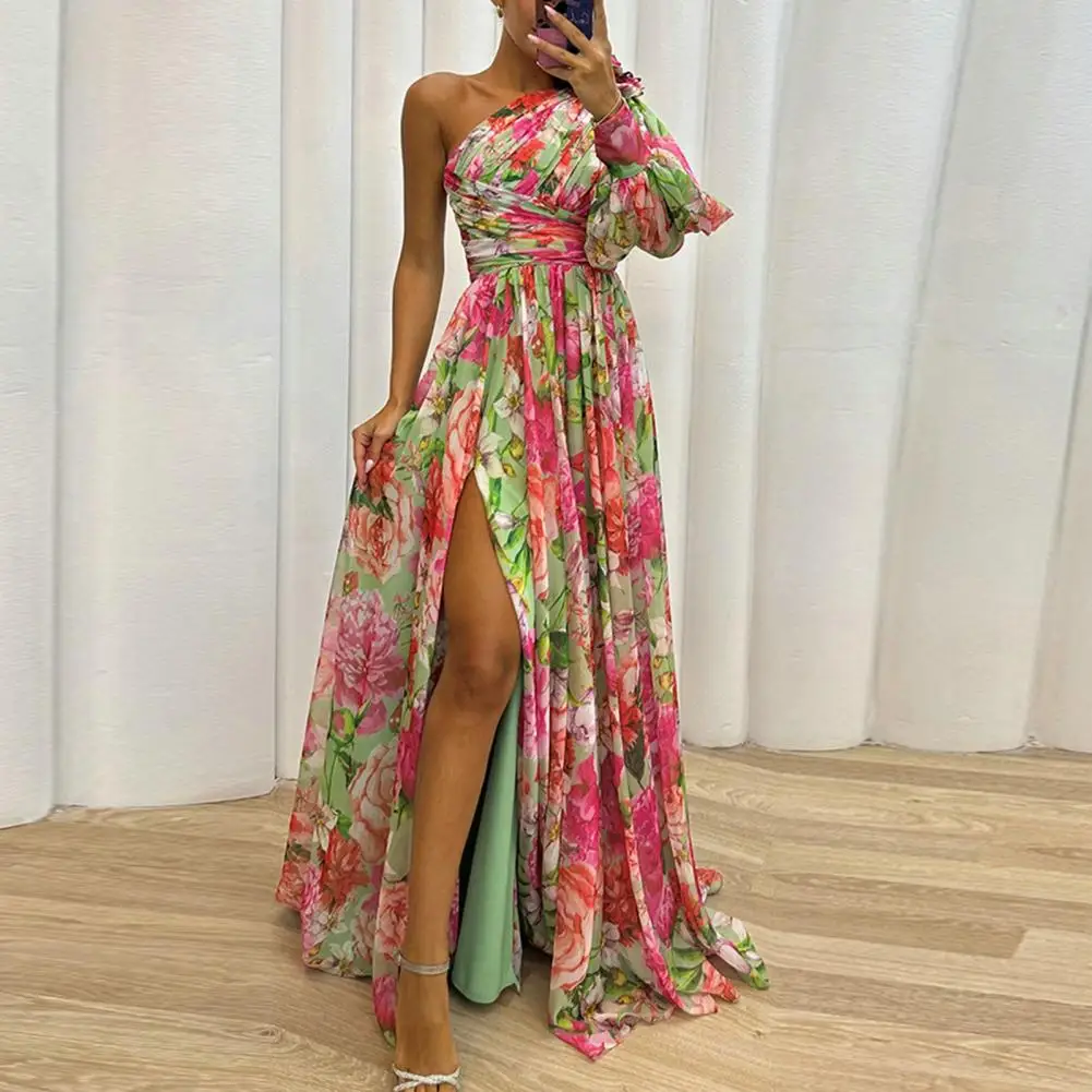

Evening Gown Elegant One Shoulder Floral Print Maxi Dress with Side Split Hem Pleated Detail for Parties Banquets Special