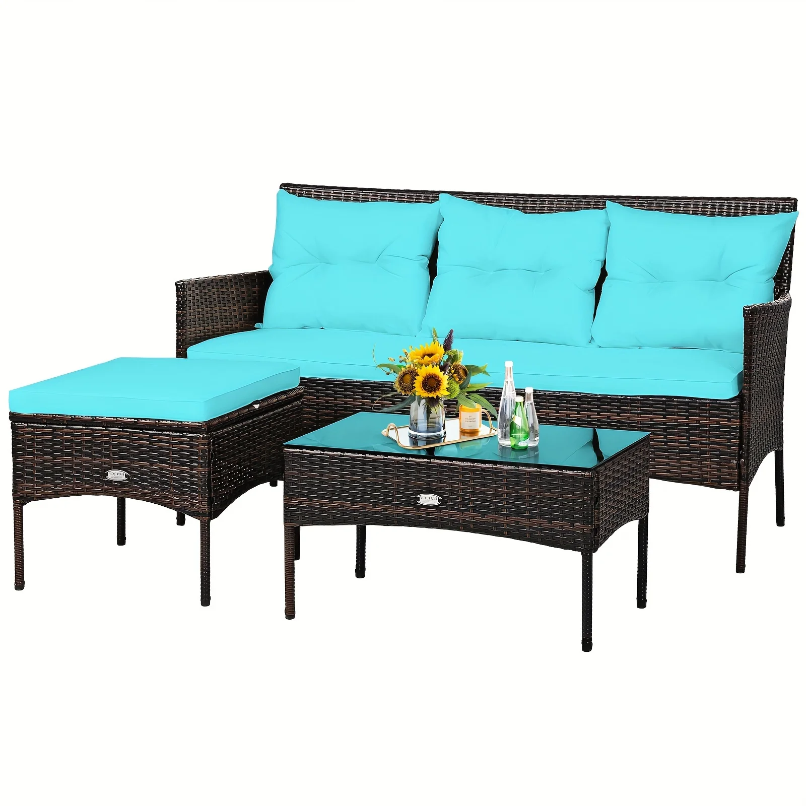 3-Seat Turquoise Cushioned Patio Sofa Set with Tempered Glass Table - Elegant Rattan Outdoor Furniture for Garden, Backyard & Po
3-Seat Turquoise Cushioned Patio Sofa Set with Tempered Glass Table - Elegant Rattan Outdoor Furniture for Garden, Backyard & Po