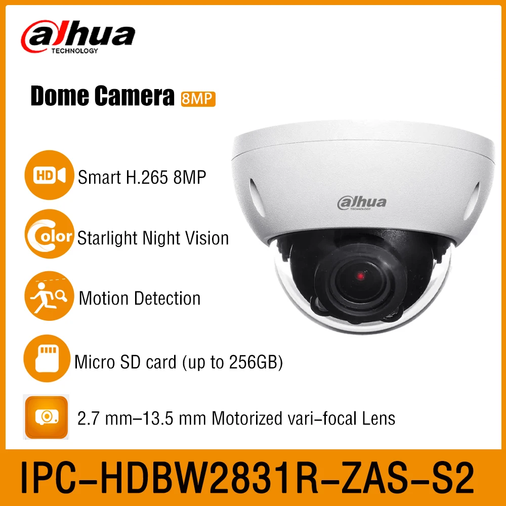 

Dahua IPC-HDBW2831R-ZAS-S2 4K H.265 8MP Lite IR40M 2.7mm–13.5mm Motorized Vari-focal Audio Alarm Dome Network PoE IK10 IP Camera