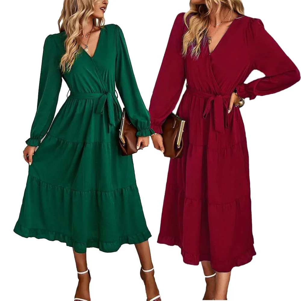 

Women's Wrap V Neck Long Sleeve Belted Ruffle Hem A-Line Bohemian Maxi Dresses