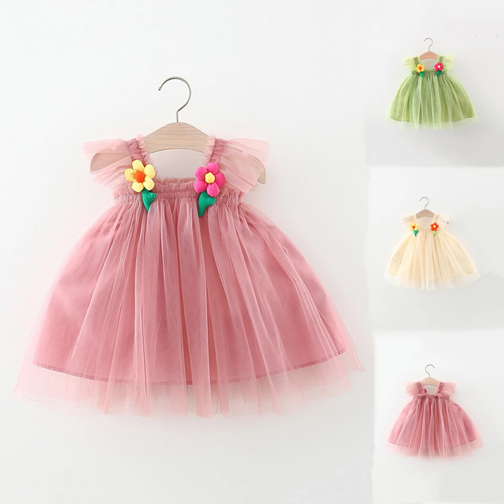 

2023 Summer New Camisole Princess Dress For Baby Girls Sheer Mesh Appliques Ball Gown Puffy Dresses vestido infantil menina