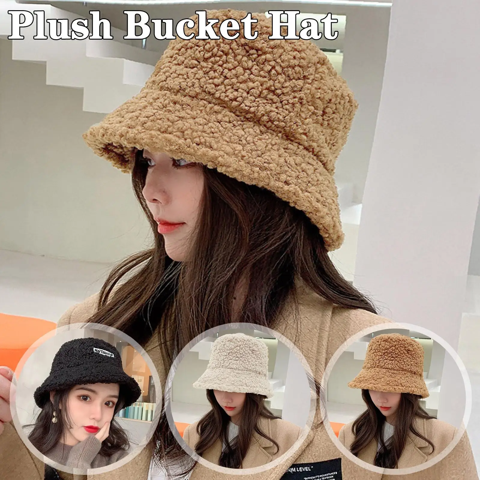 

Unisex Harajuku Bucket Hat Solid Color Men Fishing Fisherman Hat Autumn Winter Lamb Wool Outdoor Warm Panama Cap for Wome B9S1