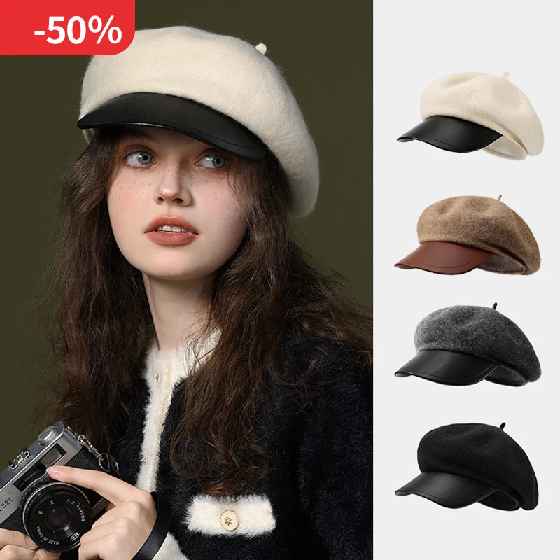 

Women's Octagonal Hat New Autumn Winter Newsboy Cap Wool Beret Thickened with Leather Trim England Style Peaked Vintage French