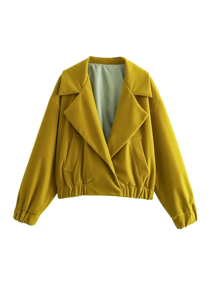 

Женская короткая куртка с отложным воротником, желтая весенняя куртка с длинным рукавом и эластичным поясом, Повседневная Осенняя верхняя одежда, новинка 2024