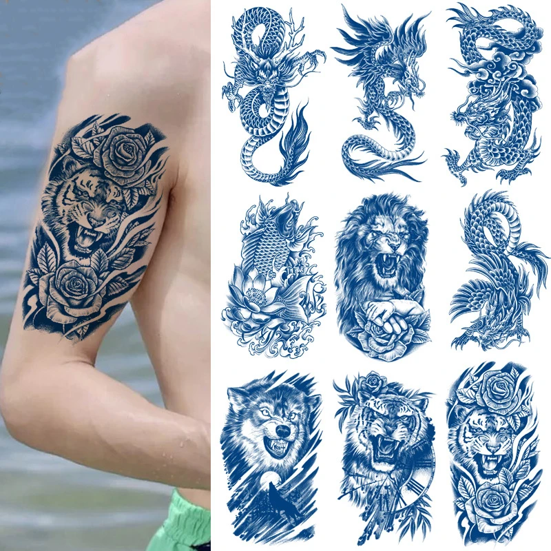 

Временные водостойкие поддельные татуировки-наклейки, 15 дней, кожа, дракон, змея, лиса, тигр, животное