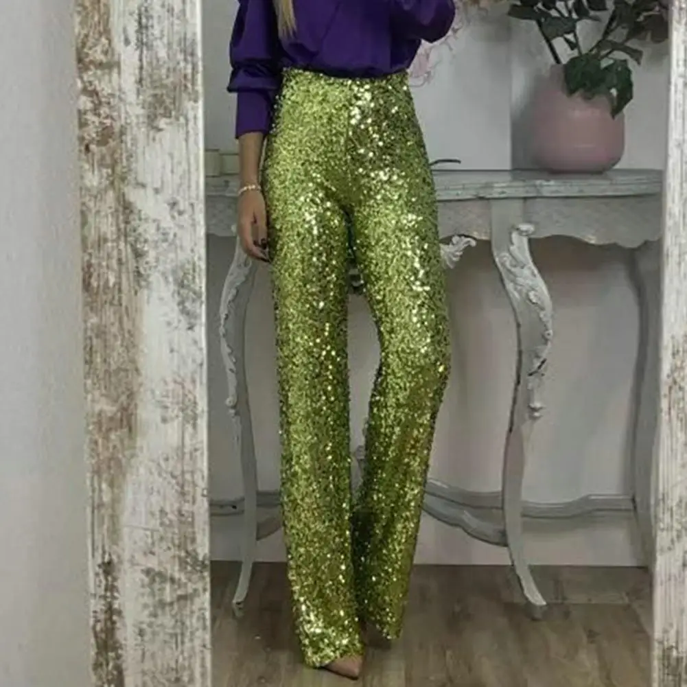 

Women Pants Sequins High Waist Flared Pants for Women Slim Fit Shining Trousers Solid Color Stylish Streetwear Elastic Waistband